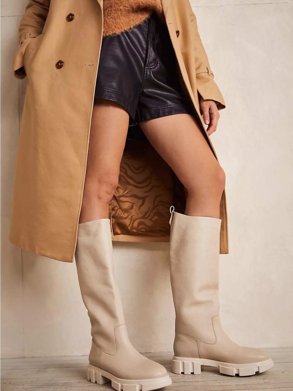 Free People Cream Knee-High Chunky Sole Boots